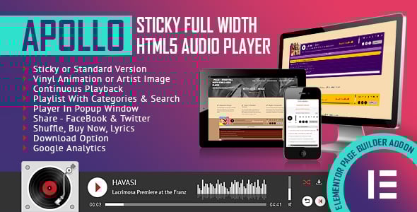 Apollo - Sticky Full Width HTML5 Audio Player - Elementor Widget Addon