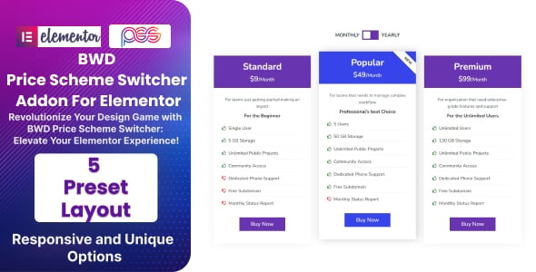 Pricing Table - Switcher Addon For Elementor