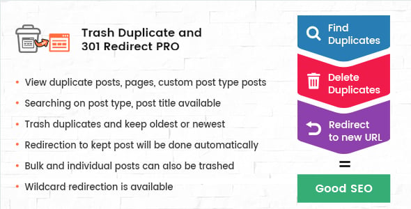 Trash Duplicate and 301 Redirect PRO for WordPress